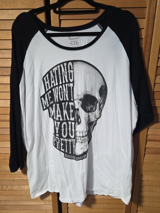Beautiful Disaster Tops - Beautiful Disaster Black & White 3/4 sleeve Raglan Skull "Hating Me" Shirt
